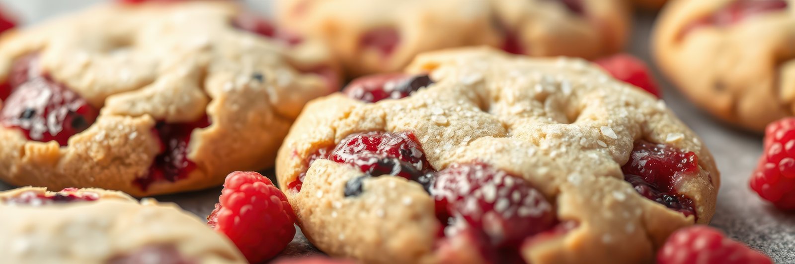 Freshly baked cookies with raspberries and powdered sugar ready to enjoy